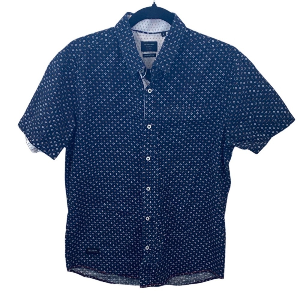 7 Diamonds Dark Blue Geometric Men's Shirt. Size M. Collared button down.